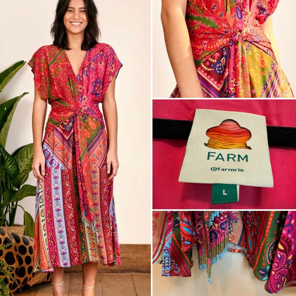 FARM Rio Red Pink Orange Paisley Midi Dress